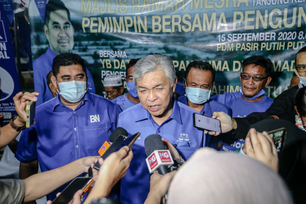 BN chairman Datuk Seri Ahmad Zahid Hamidi speaks to reporters in Tanjung Keramat, Sabah September 15, 2020. — Picture by Firdaus Latif