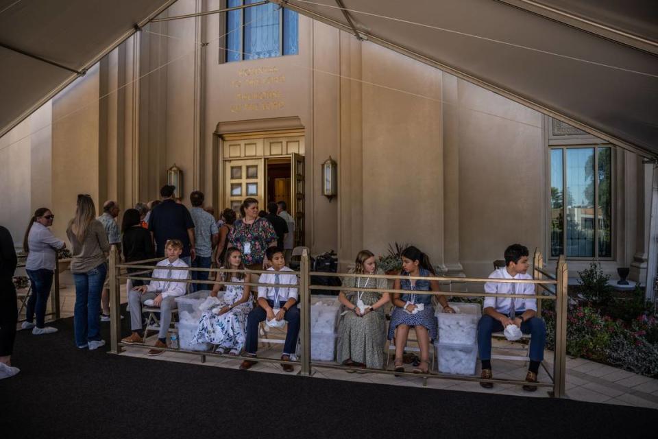 Visitors enter the Feather River California Temple in Yuba City on Tuesday, Aug. 15, 2023 during a public open house held by the Church of Jesus Christ of Latter-day Saints. After the temple is officially dedicated in October, only LDS members in good standing can enter the sacred rooms and spaces of the temple.