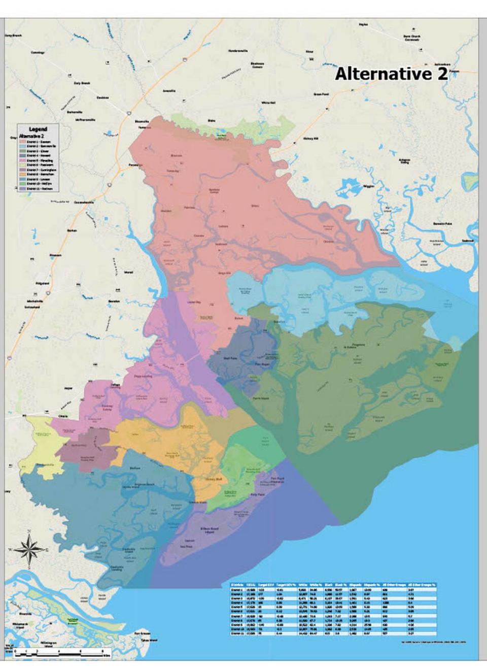 Alternative 2 for political districts by Beaufort County as drawn from census data. This one has input from community council members.