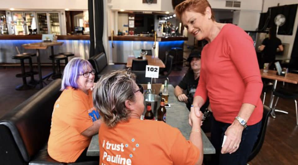 Pauline Hanson meets supporters wearing the T-shirt. Source: AAP