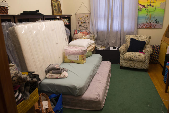 Harry Pangemanan’s temporary bedroom at the Reformed Church of Highland Park. (Photo: Alan Chin for Yahoo News)