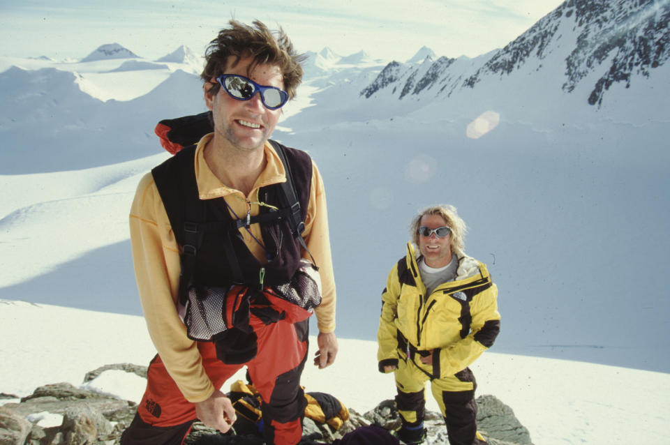 Torn: Conrad Anker (R) and Alex Lowe on peak of Mt Evans, Ellsworth Mountains, Antarctica Austral. (Credit: Gordon Wiltsie)