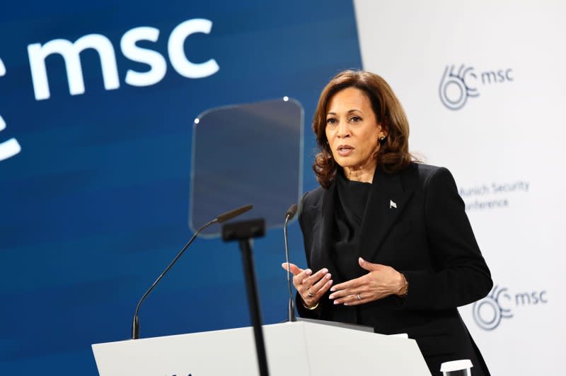 Vice President Kamala Harris told the Munich Security Conference Friday that the Biden administration is committed to continued global engagement with allies amid multiple world security threats. Photo by Anna Szilagyi/EPA-EFE