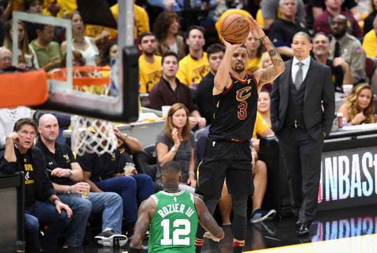 George Hill of the Cleveland Cavaliers shoots as the Cavaliers thrashed the Boston Celtics 116-86, powering their way back into the Eastern Conference finals