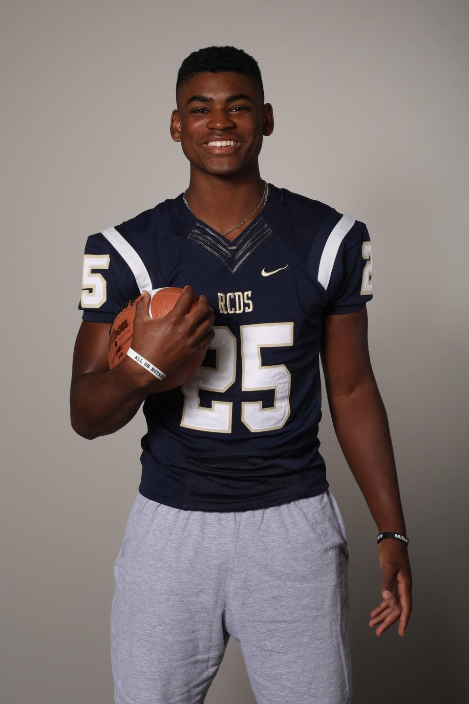 Allan Houston III, a running back, wide receiver and free safety on the Rye Country Day School football team, photographed Aug. 23, 2018. 