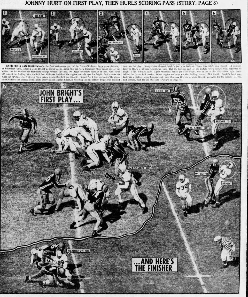 Photographs in the Oct. 21, 1951, Des Moines Register show a white Oklahoma A&M player breaking Black Drake University player Johnny Bright's jaw. The series of six photos by 
John Robinson and Don Ultang wins the Pulitzer Prize for photography in 1952.