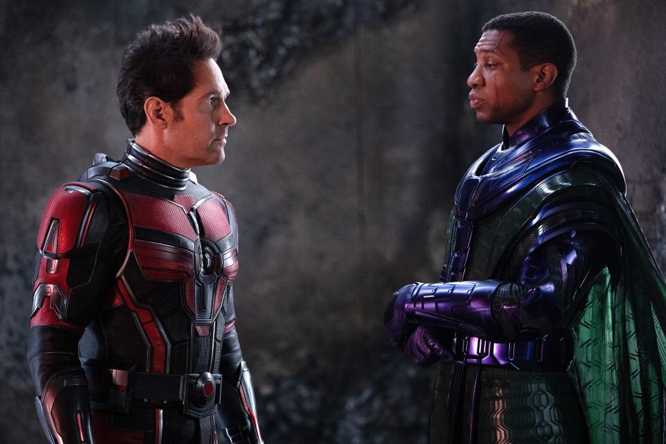 Paul Rudd as Scott Lang/Ant-Man and Jonathan Majors as Kang the Conqueror in Marvel Studios' ANT-MAN AND THE WASP: QUANTUMANIA. Photo by Jay Maidment. © 2022 MARVEL.