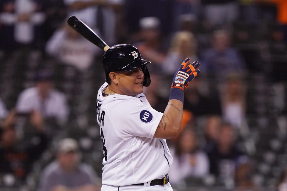 Detroit Tigers designated hitter Miguel Cabrera follows through on his game winning single scoring Jonathan Schoop during the ninth inning of a baseball game against the Cleveland Guardians, Thursday, May 26, 2022, in Detroit. (AP Photo/Carlos Osorio)