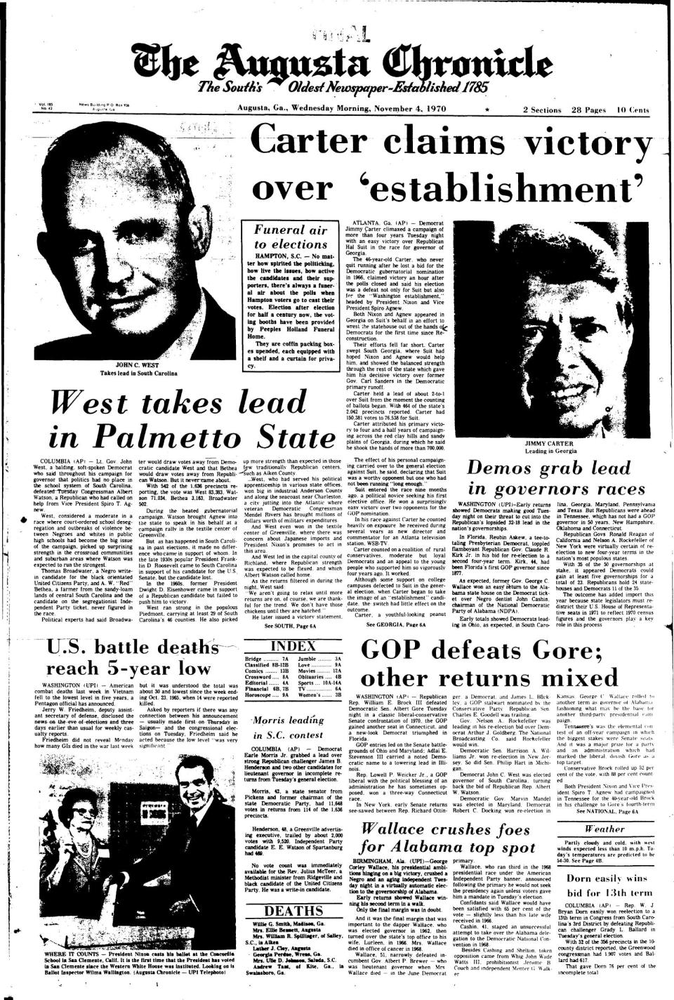 The front page of the Augusta Chronicle on November 4, 1970, the day after Jimmy Carter won the Georgia governor race against Hal Suit.