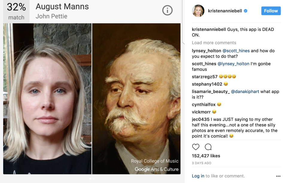 Kristen Bell instagramming about Google Arts & Culture app