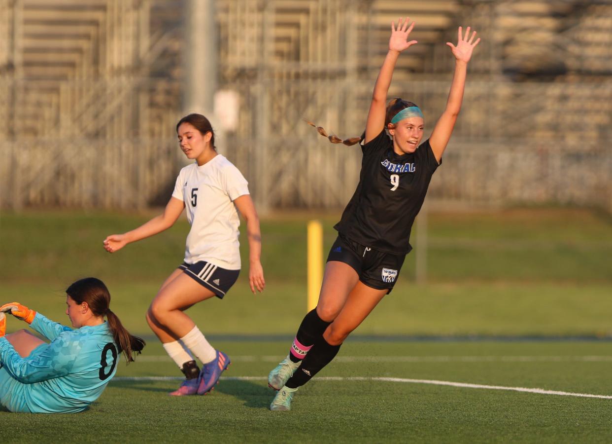 Washburn Rural's Kate Hinck celebrates after scoring a goal against Hayden on Friday, April 12. Washburn Rural defeated Hayden 3-0.