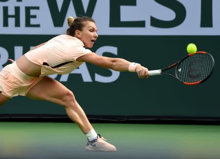 Mar 14, 2018; Indian Wells, CA, USA; Simona Halep during her quarterfinal match against Petra Martic (not pictured) in the BNP Paribas Open at the Indian Wells Tennis Garden. Mandatory Credit: Jayne Kamin-Oncea-USA TODAY Sports