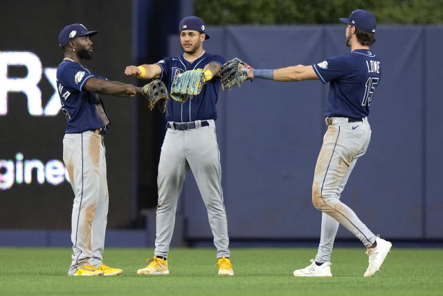 Randy Arozarena and Josh Lowe of the Tampa Bay Rays celebrate