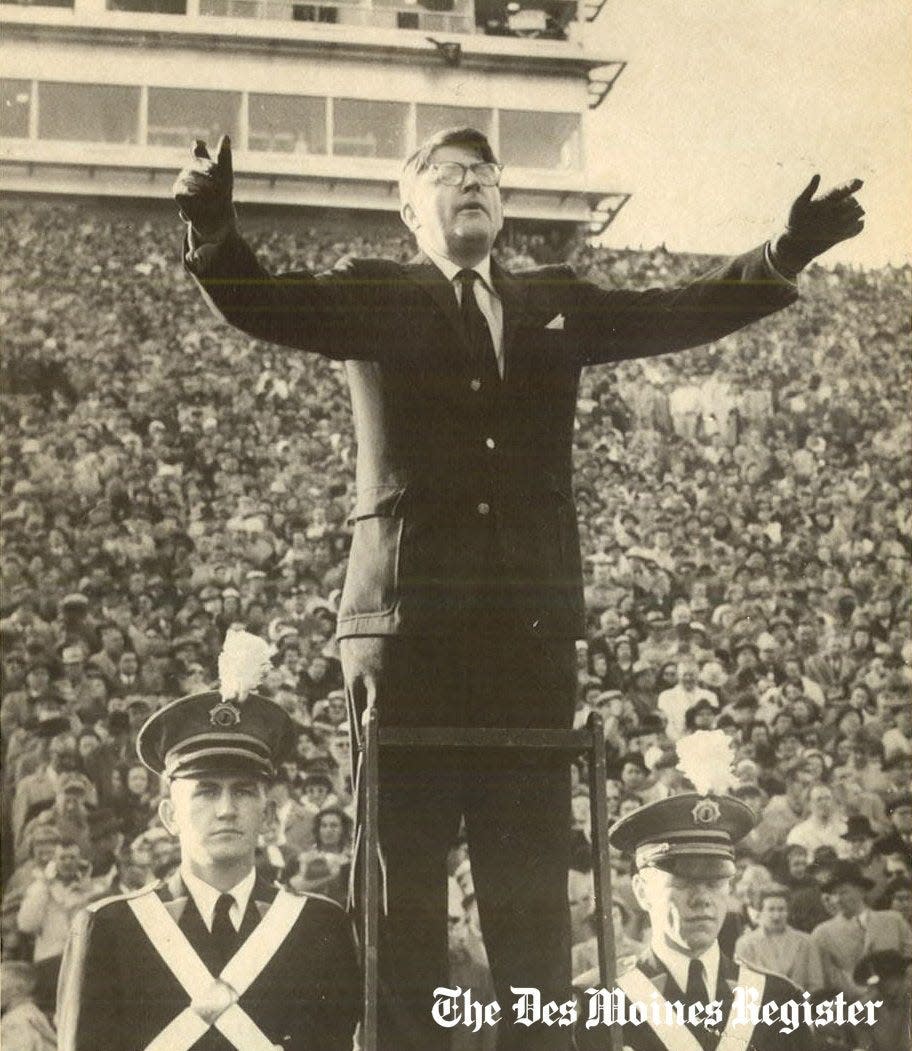 From 1958: Mason City native, the "Music Man" himself, Meredith Willson, conducts the Iowa marching band at halftime of a Hawkeyes win over Notre Dame. He directed them on "Iowa Fight Song," which he wrote for UI in 1951, and "May the Good Lord Bless and Keep You," his signature song. "This is the best university band I've ever seen and has the best director I've ever met," Willson said.
