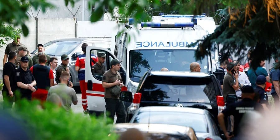 An ambulance and law enforcement officers near the Shevchenkivsky District Court in Kyiv, July 5, 2023