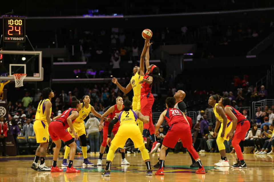 Jump ball to tip off the game during the Washington Mystics vs Los Angeles Sparks game on July 07, 2019, at Staples Center in Los Angeles, CA. (Photo by Jevone Moore/Icon Sportswire via Getty Images)