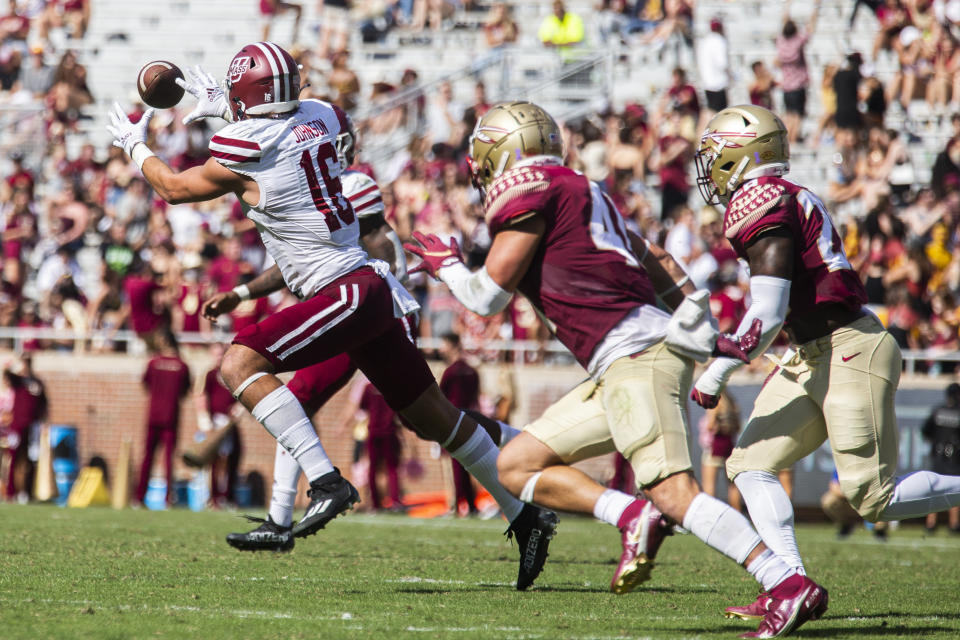 Massachusetts tight end Josiah Johnson (16) catches a pass in the second half of an NCAA college football game against Florida State in Tallahassee, Fla., Saturday, Oct. 23, 2021. Florida State defeated UMass 59-3. (AP Photo/Mark Wallheiser)