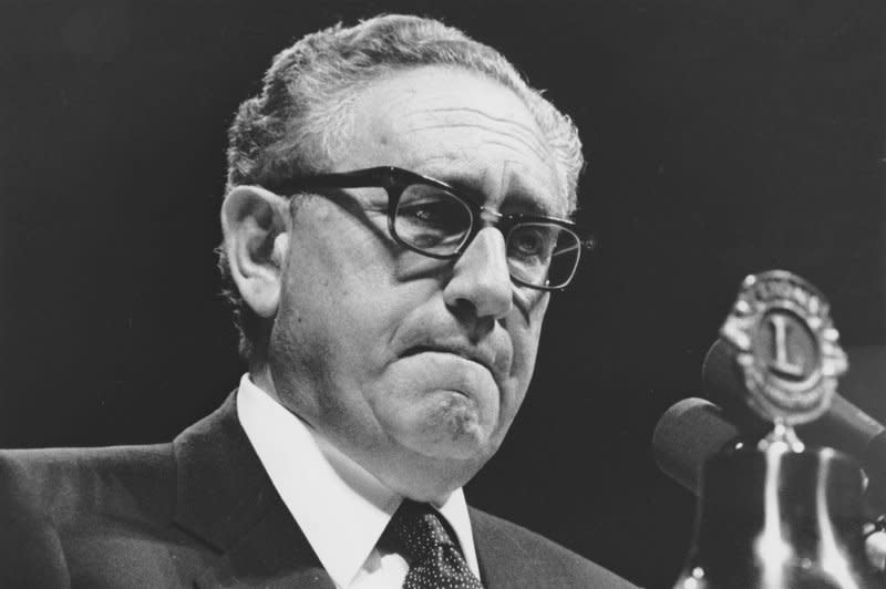 Former Secretary of State Henry Kissinger speaking at the 68th Lions Club International Convention in Dallas on June 20, 1985, praised President Ronald Reagan for refusing to negotiate with Moslem terrorists who hijacked a TWA plane. "Terrorists must fail, and in due course, must be punished," Kissinger said. Kissinger died Wednesday at the age of 100. File photo by Pete Fisher/ UPI