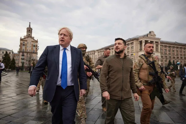 Prime Minister Boris Johnson with President of Ukraine Volodymyr Zelensky, touring Independence Square during his visit to Kyiv (PA Media)