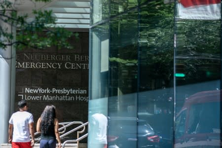 The exterior of New York Presbyterian-Lower Manhattan Hospital, where Jeffrey Epstein's body was transported in Manhattan borough of New York City