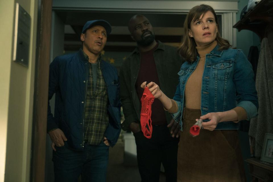 Ben (Aasif Mandvi, far left), David (Mike Colter) and Kristen (Katja Herbers) investigate a whole new slate of weirdness, from particle accelerators to possessed pigs, in the final season of "Evil."