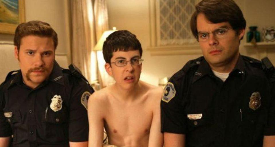 (Left to right) Seth Rogen as Officer Michaels, Christopher Mintz-Plasse as McLovin and Bill Hader as Officer Slater in ‘Superbad’ (Sony Pictures)