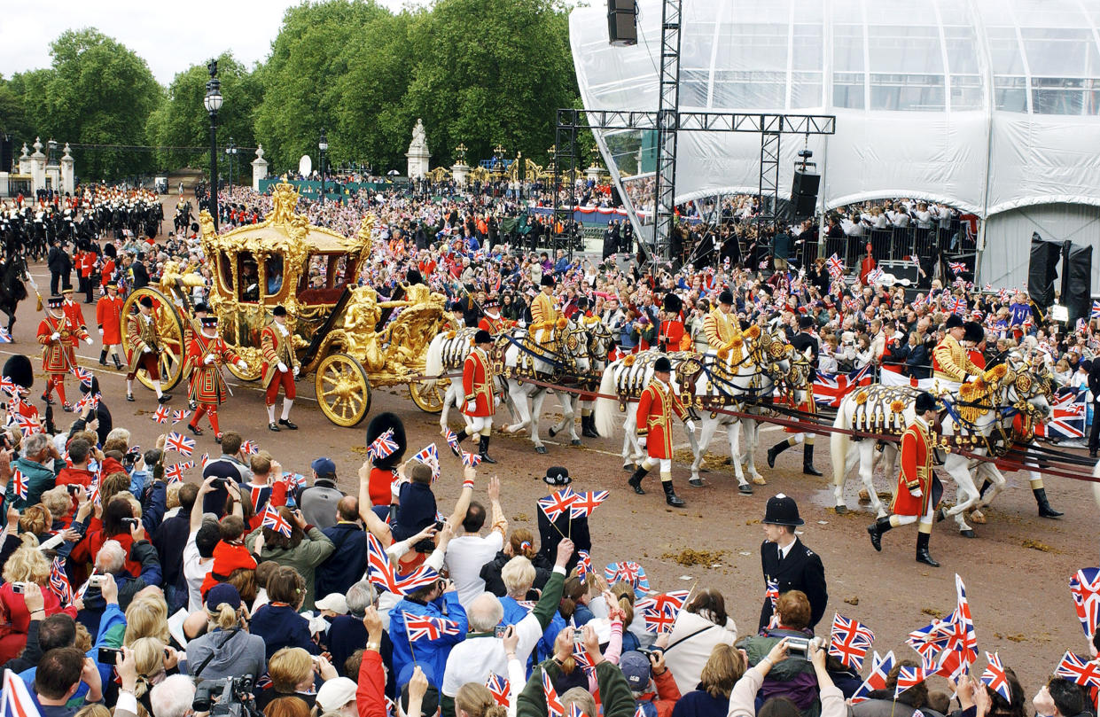 The Queen's Golden Coach on its way to St. Pauls for the service to celebrate the Golden Jubilee. (Getty)