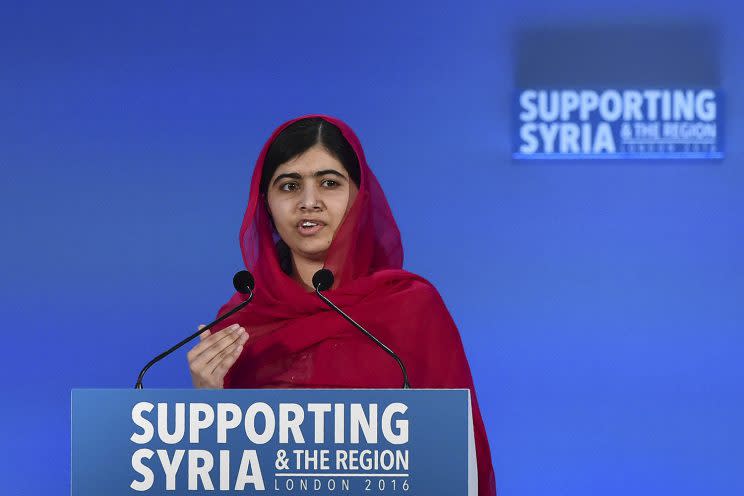 Pakistani Nobel Peace Prize laureate Malala Yousafzai addresses delegates the donors Conference for Syria in London. (Photo: Ben Stansall/Reuters)