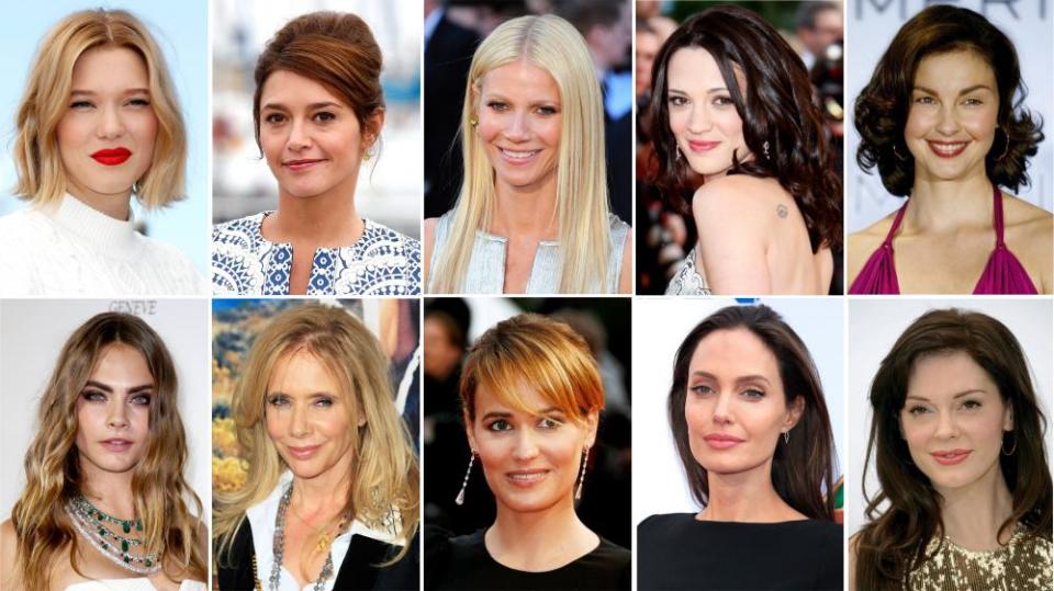 Actresses who have accused Harvey Weinstein of assault. (Top L-R) Léa Seydoux, Emma de Caunes, Gwyneth Paltrow, Asia Argento, Ashley Judd (bottom L-R) Cara Delevingne, Rosanna Arquette, Judith Godrèche, Angelina Jolie and Rose McGowan.