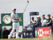 United States' Collin Morikawa play his tee shot from the 7th hole during the second round of the British Open Golf Championship at Royal St George's golf course Sandwich, England, Friday, July 16, 2021. (AP Photo/Peter Morrison)