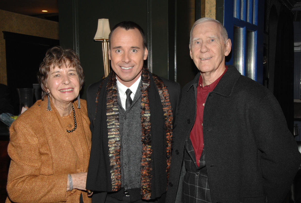 TORONTO, ON - OCTOBER 30:  David Furnish (M) with parents Gladys and Jack Furnish  attend the 2008 Fashion Cares Cocktail Reception at the Windsor Arms Hotel on October 30, 2008 in Toronto, Canada.  (Photo by George Pimentel/WireImage)