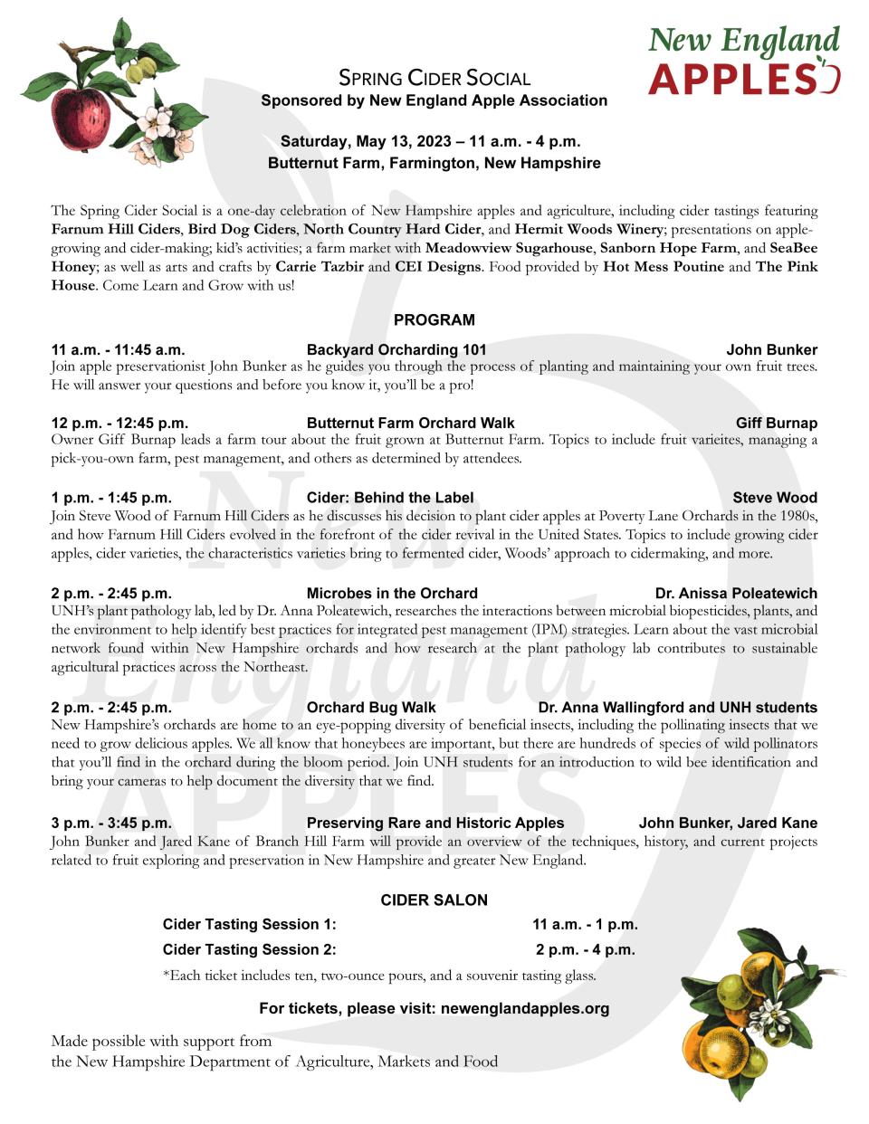 Butternut Farm's Spring Cider Social held Saturday, May 13, program lineup.