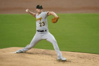 Pittsburgh Pirates starting pitcher Mitch Keller works against a San Diego Padres batter during the first inning of a baseball game Tuesday, May 4, 2021, in San Diego. (AP Photo/Gregory Bull)