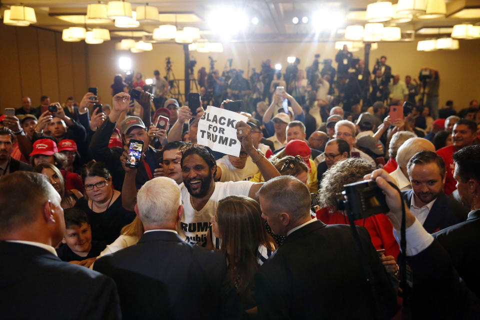 Vice President Mike Pence speaks to constituents after speaking during a rally on Tuesday, June 25, 2019 in Miami. (AP Photo/Brynn Anderson)