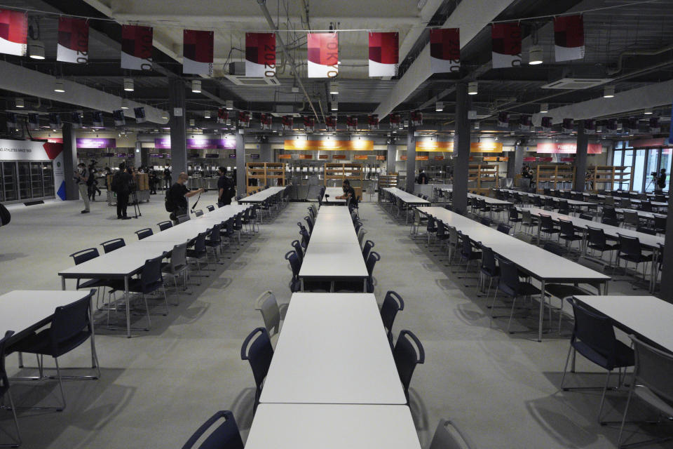 The main dining hall is seen during a press tour of the Tokyo 2020 Olympic and Paralympic Village Sunday, June 20, 2021, in Tokyo. (AP Photo/Eugene Hoshiko)