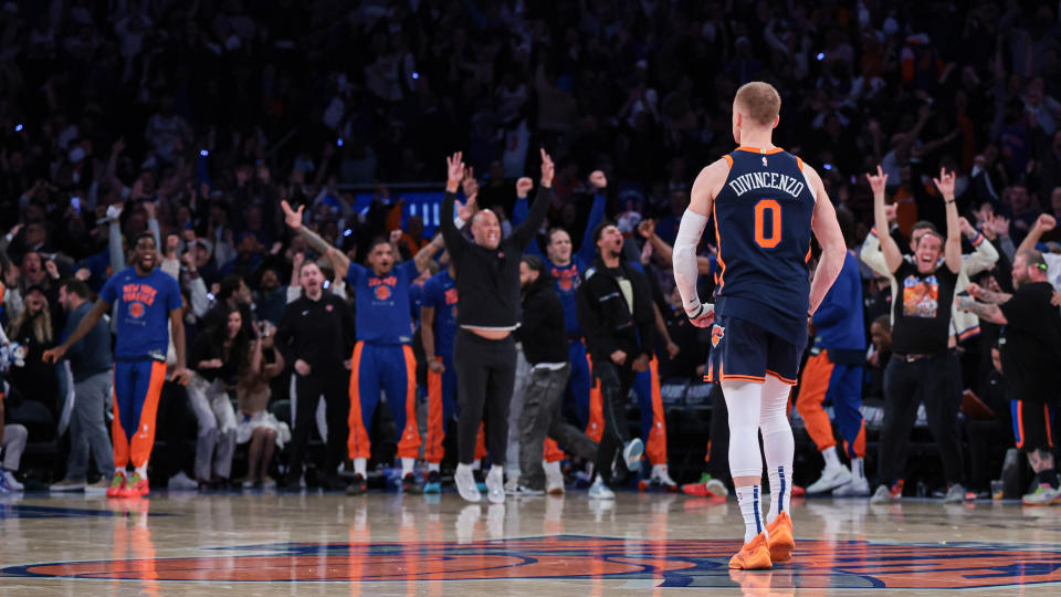 Apr 22, 2024; New York, New York, USA; New York Knicks guard Donte DiVincenzo (0) reacts after making a three point basket during the fourth quarter during game two of the first round for the 2024 NBA playoffs against the Philadelphia 76ers at Madison Square Garden. 