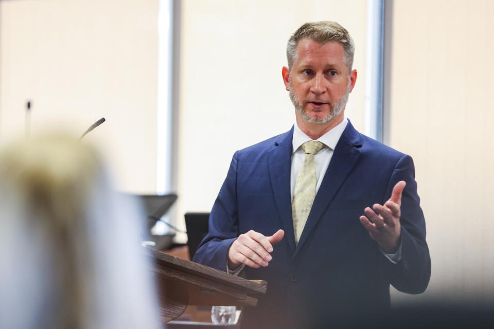 Tue., May 17, 2022, Bowling Green, Ohio, USA; Assistant Wood County Prosecutor Jim Hoppenjans gives his opening statement during the BGSU Stone Foltz hazing case at the Wood County Courthouse.