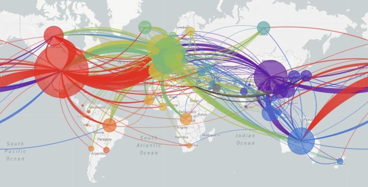 <span class="caption">The steady rate of genetic changes lets researchers recreate how a virus has travelled.</span> <span class="attribution"><a class="link " href="https://nextstrain.org/ncov/global" rel="nofollow noopener" target="_blank" data-ylk="slk:nextstrain.org;elm:context_link;itc:0;sec:content-canvas">nextstrain.org</a>, <a class="link " href="http://creativecommons.org/licenses/by/4.0/" rel="nofollow noopener" target="_blank" data-ylk="slk:CC BY;elm:context_link;itc:0;sec:content-canvas">CC BY</a></span>