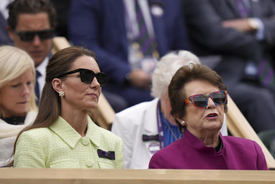Kate, Princess of Wales sits in the Royal Box with tennis legend Billie Jean King ahead of the final of the women's singles between the Czech Republic's Marketa Vondrousova and Tunisia's Ons Jabeur on day thirteen of the Wimbledon tennis championships in London, Saturday, July 15, 2023.(AP Photo/Alberto Pezzali)