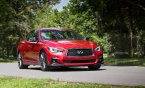 <p>The Q50 is Infiniti’s artfully sculpted and muscular mid-sizer, but its performance is less scintillating. The 208-hp turbo 2.0-liter inline-four will disappoint enthusiasts, but a 300-hp twin-turbo 3.0-liter V-6 is offered, as is a hybrid powertrain good for 360 horsepower and a 32-mpg EPA highway rating. All Q50s get a seven-speed automatic and either rear- or all-wheel drive. The infotainment system offers apps for email and concierge services; adaptive cruise control and automated emergency braking are optional. <a rel="nofollow noopener" href="https://www.caranddriver.com/infiniti/q50" target="_blank" data-ylk="slk:READ MORE ››;elm:context_link;itc:0;sec:content-canvas" class="link ">READ MORE ››</a></p>