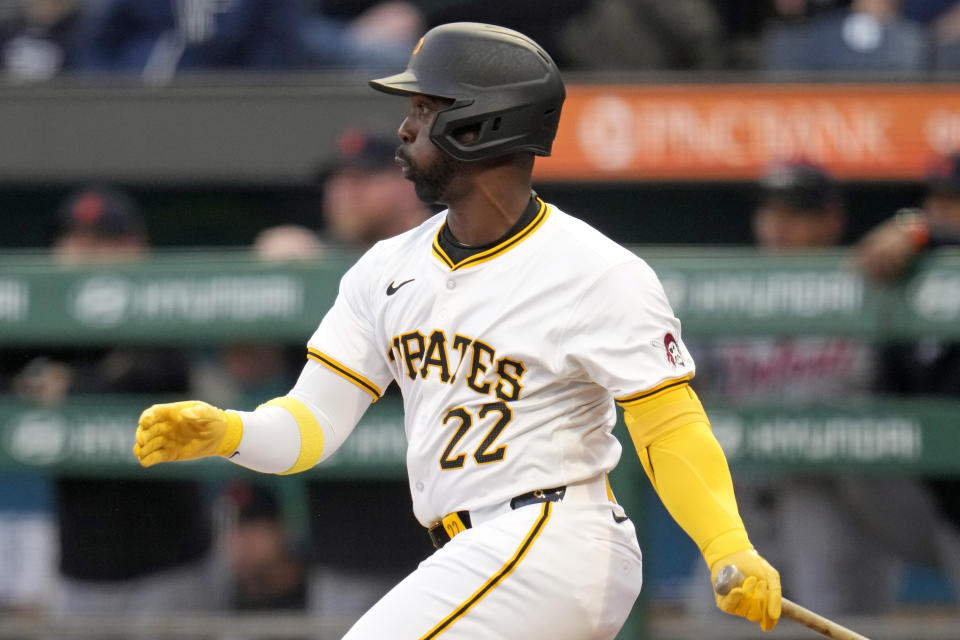 Pittsburgh Pirates' Andrew McCutchen singles off Detroit Tigers starting pitcher Reese Olson during the first inning of a baseball game in Pittsburgh, Monday, April 8, 2024. (AP Photo/Gene J. Puskar)