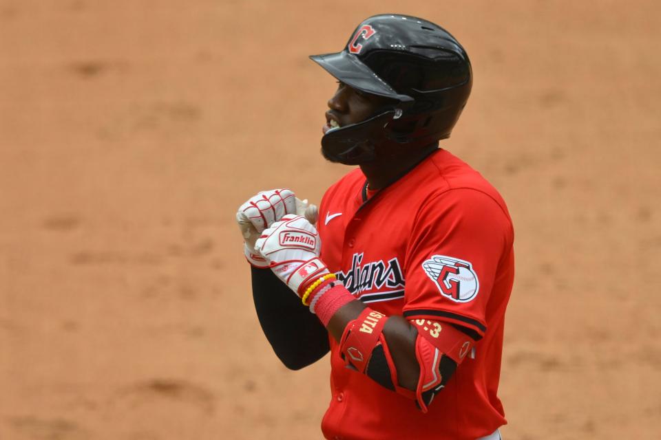 Jun 23, 2024; Cleveland, Ohio, USA; Cleveland Guardians third baseman Angel Martinez (1) reacts after hitting a single for his first MLB hit in the second inning against the Toronto Blue Jays at Progressive Field. Mandatory Credit: David Richard-USA TODAY Sports