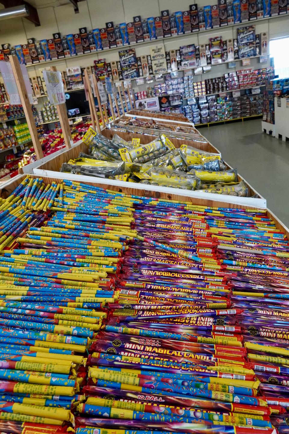 Fireworks line the shelves ready for the Fourth of July weekend.