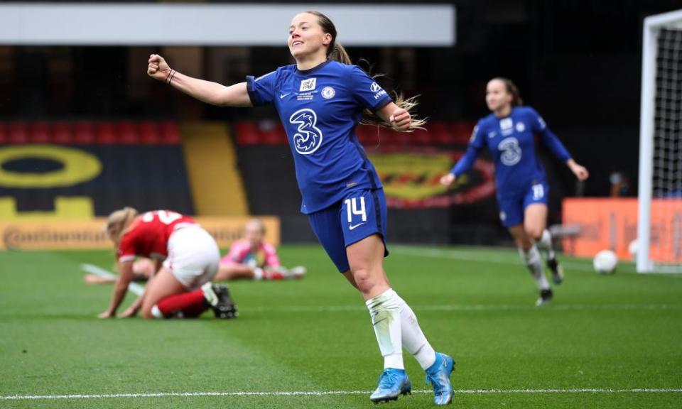 Fran Kirby wheels away to celebrate Chelsea’s sixth goal against Bristol City at Watford