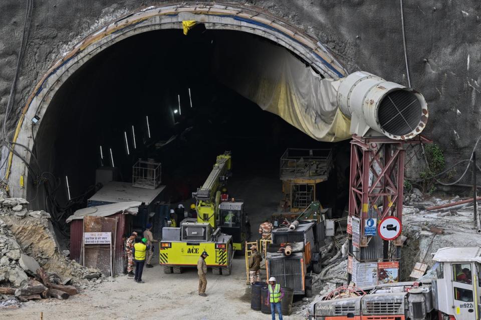 Rescue personnel work at the collapsed under construction Silkyara tunnel (AFP via Getty Images)