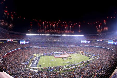 East Rutherford, NJ, USA; Fireworks go off during the playing of the national anthem before Super Bowl XLVIII between the Seattle Seahawks and the Denver Broncos at MetLife Stadium. Mandatory Credit: Anthony Gruppuso-USA TODAY Sports