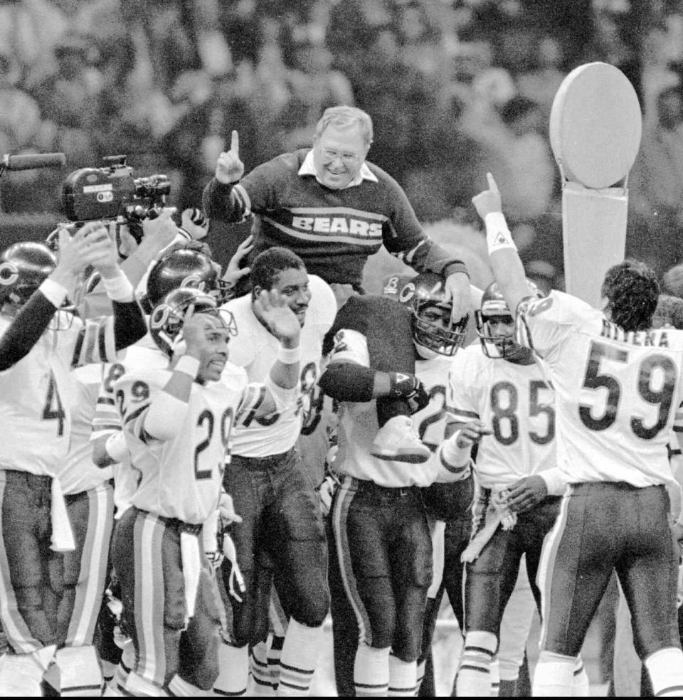 Winner: Chicago Bears | MVP:   Richard Dent | Chicago Bears defensive coordinator Buddy Ryan is carried off the field by the team after the Bears beat the New England Patriots 46-1- on Jan. 26 to win Super Bowl XX in New Orleans.