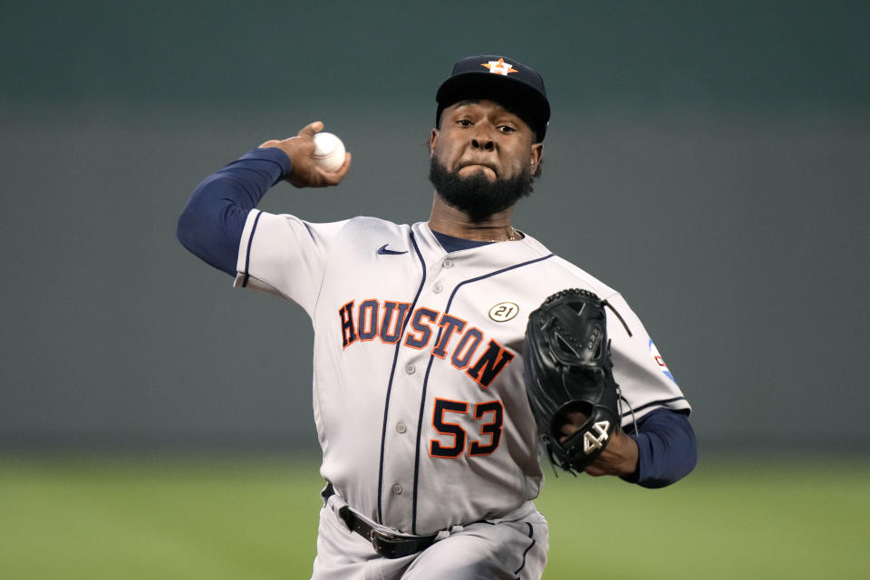 Houston Astros starting pitcher Cristian Javier throws during the first inning of a baseball game against the Kansas City Royals Friday, Sept. 15, 2023, in Kansas City, Mo. (AP Photo/Charlie Riedel)