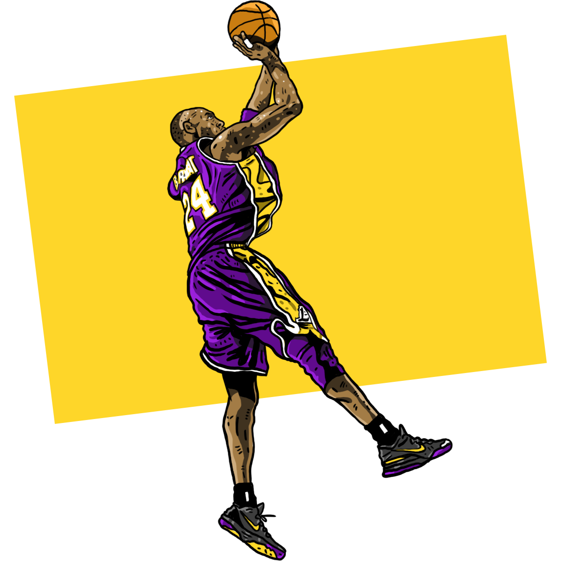 Illustration of Kobe Bryant wearing a purple #24 jersey making a jumper.
