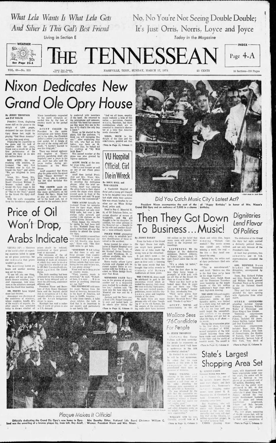 The front page of the March 17, 1974 of The Tennessean for the coverage of President Richard M. Nixon visited to the opening of the Grand Ole Opry House at Opryland.